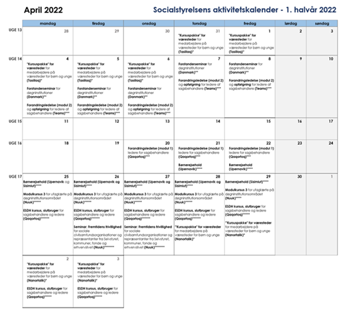 Billedet er fra Socialstyrelsens interne kalender, som viser en samlet oversigt over aktiviteter i april måned.
